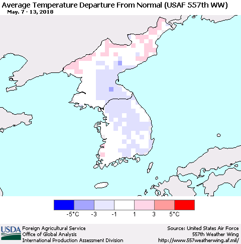 Korea Average Temperature Departure from Normal (USAF 557th WW) Thematic Map For 5/7/2018 - 5/13/2018