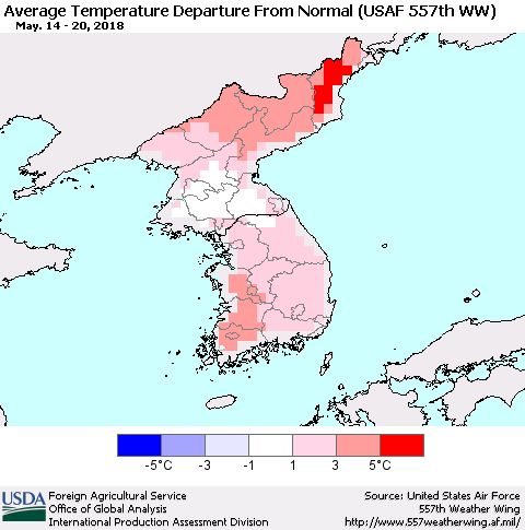 Korea Average Temperature Departure from Normal (USAF 557th WW) Thematic Map For 5/14/2018 - 5/20/2018