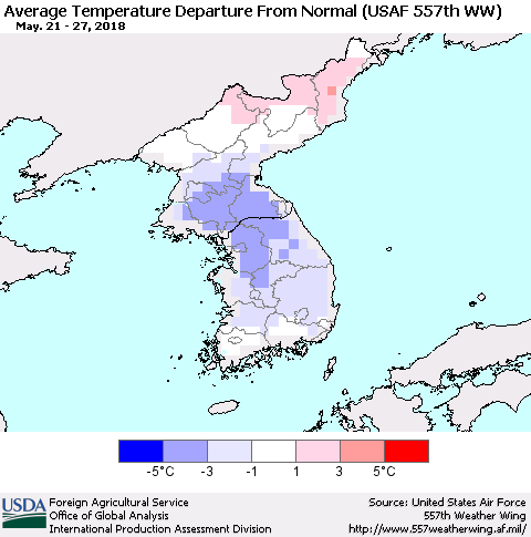 Korea Average Temperature Departure from Normal (USAF 557th WW) Thematic Map For 5/21/2018 - 5/27/2018