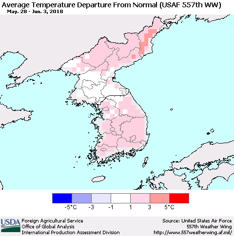 Korea Average Temperature Departure from Normal (USAF 557th WW) Thematic Map For 5/28/2018 - 6/3/2018