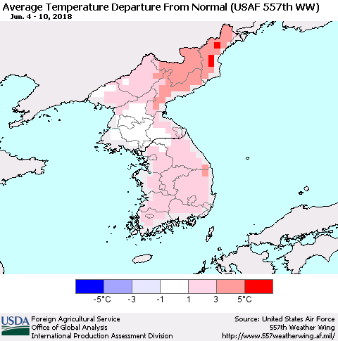 Korea Average Temperature Departure from Normal (USAF 557th WW) Thematic Map For 6/4/2018 - 6/10/2018