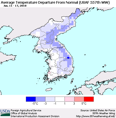Korea Average Temperature Departure from Normal (USAF 557th WW) Thematic Map For 6/11/2018 - 6/17/2018