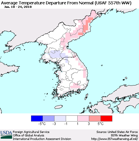 Korea Average Temperature Departure from Normal (USAF 557th WW) Thematic Map For 6/18/2018 - 6/24/2018