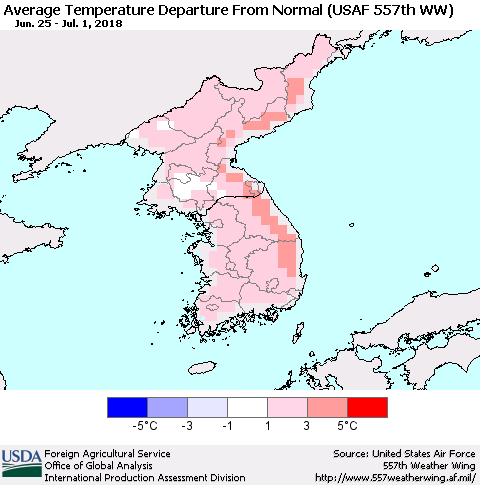 Korea Average Temperature Departure from Normal (USAF 557th WW) Thematic Map For 6/25/2018 - 7/1/2018
