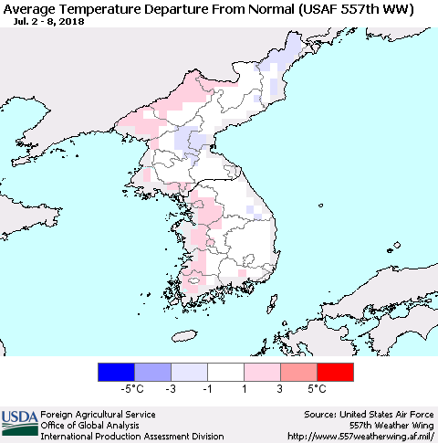 Korea Average Temperature Departure from Normal (USAF 557th WW) Thematic Map For 7/2/2018 - 7/8/2018