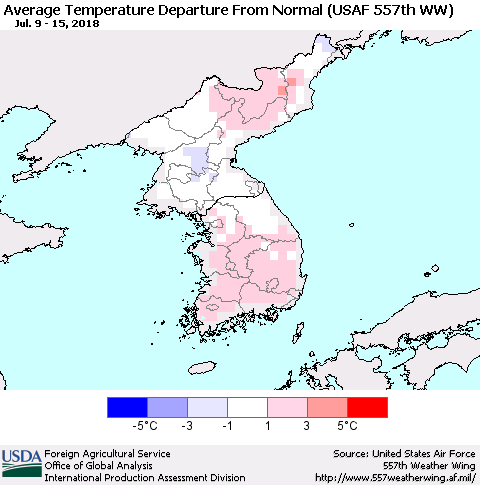 Korea Average Temperature Departure from Normal (USAF 557th WW) Thematic Map For 7/9/2018 - 7/15/2018