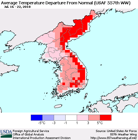 Korea Average Temperature Departure from Normal (USAF 557th WW) Thematic Map For 7/16/2018 - 7/22/2018