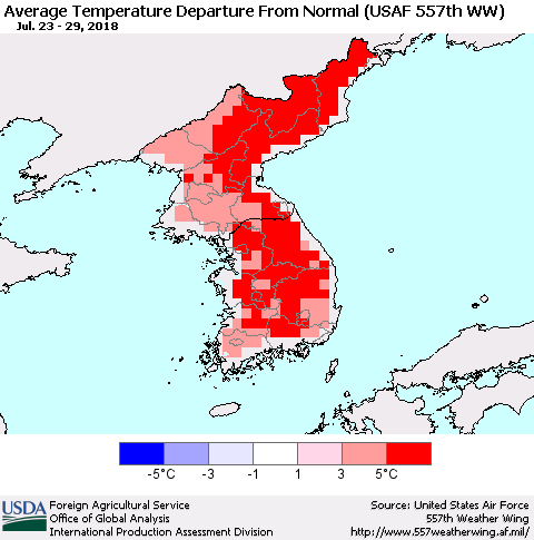Korea Average Temperature Departure from Normal (USAF 557th WW) Thematic Map For 7/23/2018 - 7/29/2018