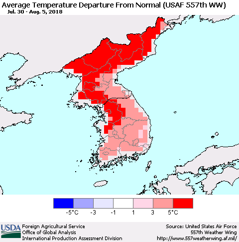 Korea Average Temperature Departure from Normal (USAF 557th WW) Thematic Map For 7/30/2018 - 8/5/2018