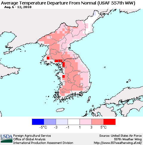 Korea Average Temperature Departure from Normal (USAF 557th WW) Thematic Map For 8/6/2018 - 8/12/2018