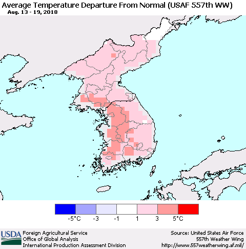 Korea Average Temperature Departure from Normal (USAF 557th WW) Thematic Map For 8/13/2018 - 8/19/2018