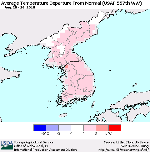 Korea Average Temperature Departure from Normal (USAF 557th WW) Thematic Map For 8/20/2018 - 8/26/2018