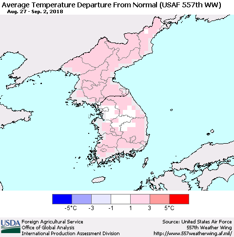Korea Average Temperature Departure from Normal (USAF 557th WW) Thematic Map For 8/27/2018 - 9/2/2018