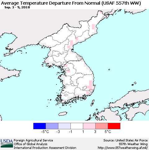 Korea Average Temperature Departure from Normal (USAF 557th WW) Thematic Map For 9/3/2018 - 9/9/2018