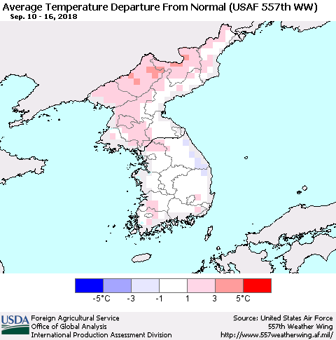 Korea Average Temperature Departure from Normal (USAF 557th WW) Thematic Map For 9/10/2018 - 9/16/2018