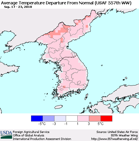 Korea Average Temperature Departure from Normal (USAF 557th WW) Thematic Map For 9/17/2018 - 9/23/2018