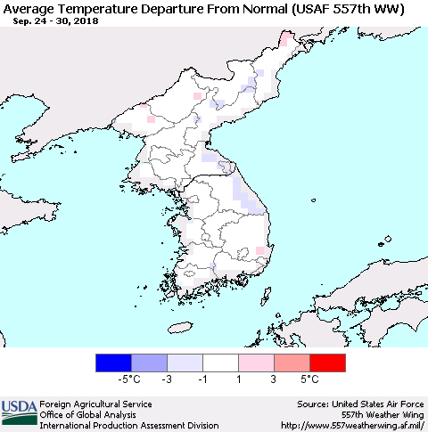Korea Average Temperature Departure from Normal (USAF 557th WW) Thematic Map For 9/24/2018 - 9/30/2018