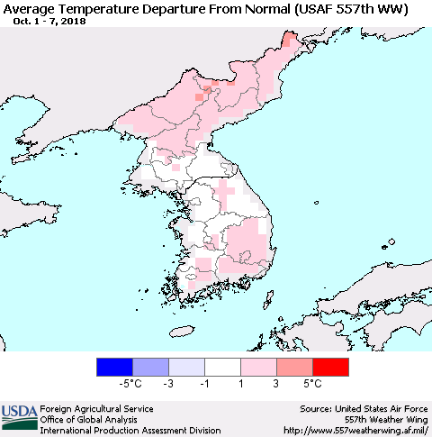 Korea Average Temperature Departure from Normal (USAF 557th WW) Thematic Map For 10/1/2018 - 10/7/2018