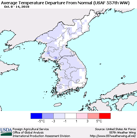 Korea Average Temperature Departure from Normal (USAF 557th WW) Thematic Map For 10/8/2018 - 10/14/2018
