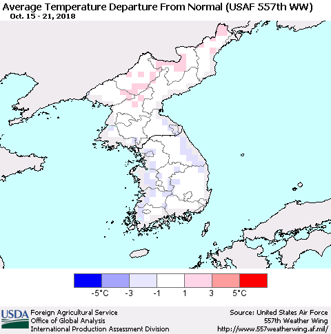 Korea Average Temperature Departure from Normal (USAF 557th WW) Thematic Map For 10/15/2018 - 10/21/2018