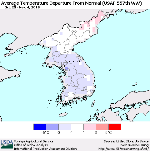 Korea Average Temperature Departure from Normal (USAF 557th WW) Thematic Map For 10/29/2018 - 11/4/2018