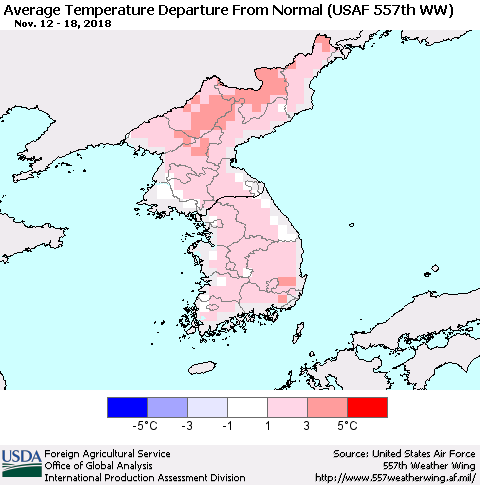 Korea Average Temperature Departure from Normal (USAF 557th WW) Thematic Map For 11/12/2018 - 11/18/2018