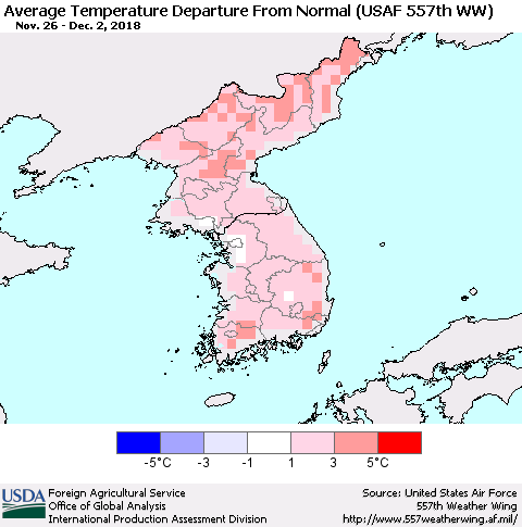 Korea Average Temperature Departure from Normal (USAF 557th WW) Thematic Map For 11/26/2018 - 12/2/2018