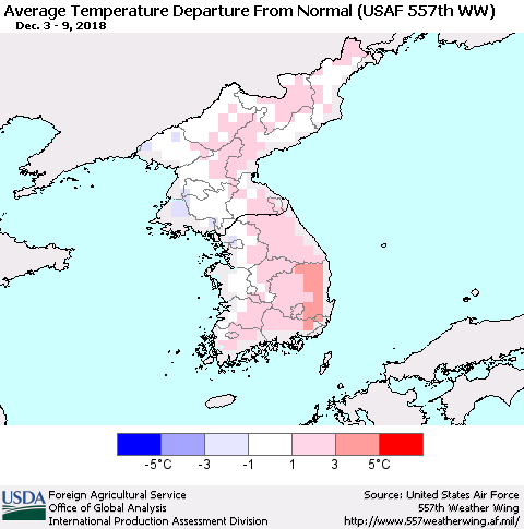 Korea Average Temperature Departure from Normal (USAF 557th WW) Thematic Map For 12/3/2018 - 12/9/2018
