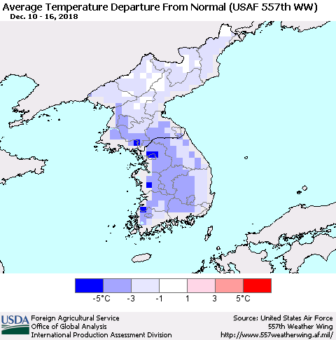 Korea Average Temperature Departure from Normal (USAF 557th WW) Thematic Map For 12/10/2018 - 12/16/2018