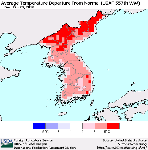 Korea Average Temperature Departure from Normal (USAF 557th WW) Thematic Map For 12/17/2018 - 12/23/2018
