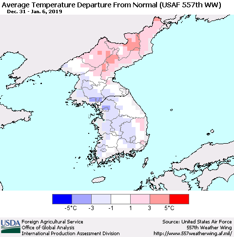 Korea Average Temperature Departure from Normal (USAF 557th WW) Thematic Map For 12/31/2018 - 1/6/2019