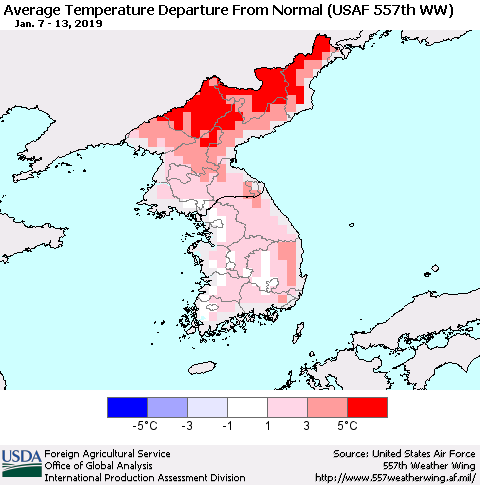 Korea Average Temperature Departure from Normal (USAF 557th WW) Thematic Map For 1/7/2019 - 1/13/2019
