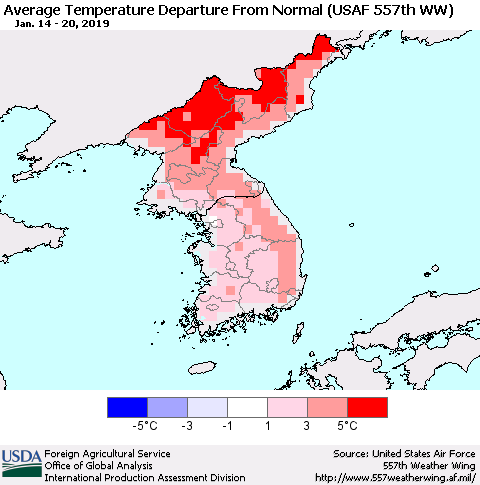 Korea Average Temperature Departure from Normal (USAF 557th WW) Thematic Map For 1/14/2019 - 1/20/2019