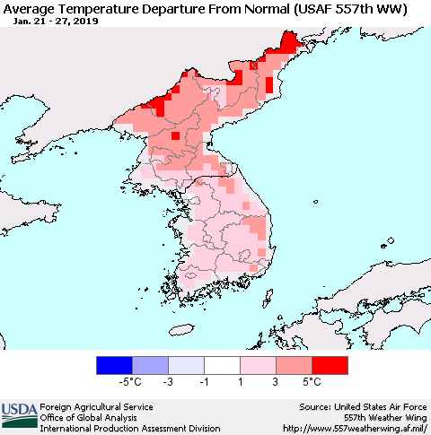 Korea Average Temperature Departure from Normal (USAF 557th WW) Thematic Map For 1/21/2019 - 1/27/2019