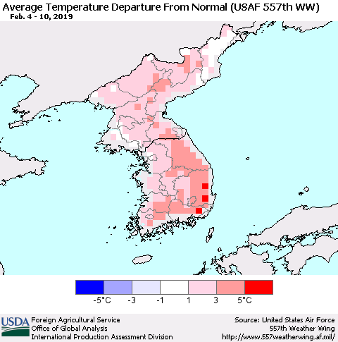 Korea Average Temperature Departure from Normal (USAF 557th WW) Thematic Map For 2/4/2019 - 2/10/2019