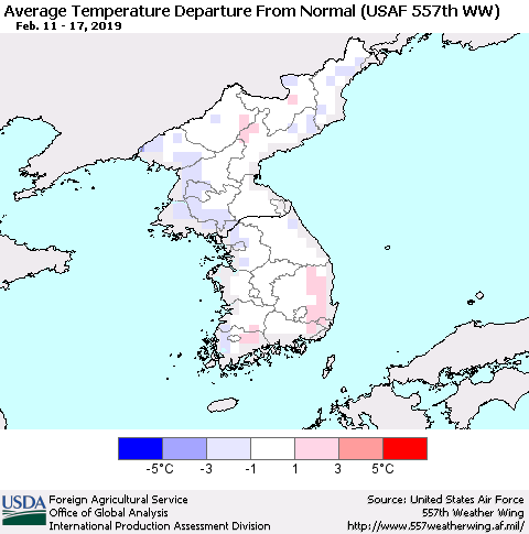 Korea Average Temperature Departure from Normal (USAF 557th WW) Thematic Map For 2/11/2019 - 2/17/2019
