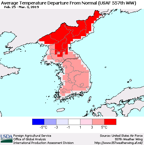 Korea Average Temperature Departure from Normal (USAF 557th WW) Thematic Map For 2/25/2019 - 3/3/2019