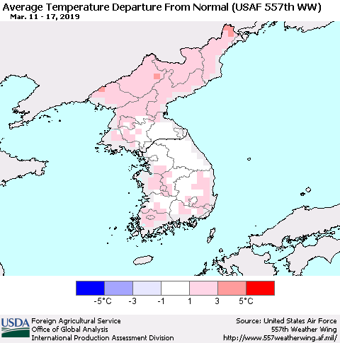 Korea Average Temperature Departure from Normal (USAF 557th WW) Thematic Map For 3/11/2019 - 3/17/2019