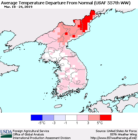 Korea Average Temperature Departure from Normal (USAF 557th WW) Thematic Map For 3/18/2019 - 3/24/2019
