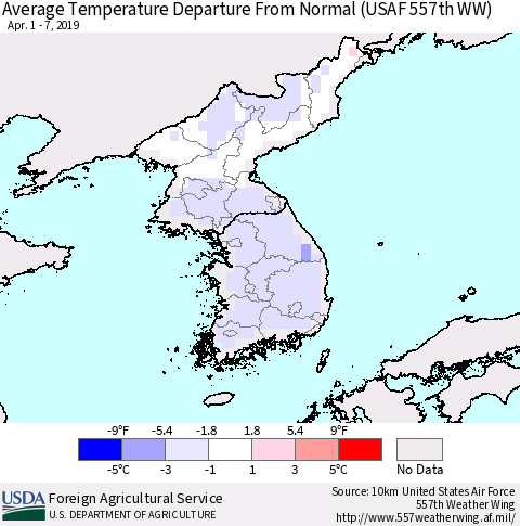 Korea Average Temperature Departure from Normal (USAF 557th WW) Thematic Map For 4/1/2019 - 4/7/2019