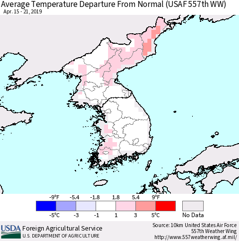 Korea Average Temperature Departure from Normal (USAF 557th WW) Thematic Map For 4/15/2019 - 4/21/2019