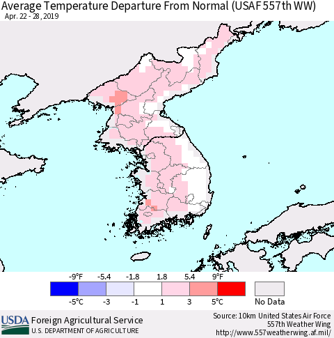 Korea Average Temperature Departure From Normal (USAF 557th WW) Thematic Map For 4/22/2019 - 4/28/2019