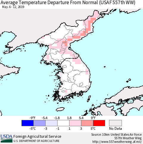 Korea Average Temperature Departure from Normal (USAF 557th WW) Thematic Map For 5/6/2019 - 5/12/2019