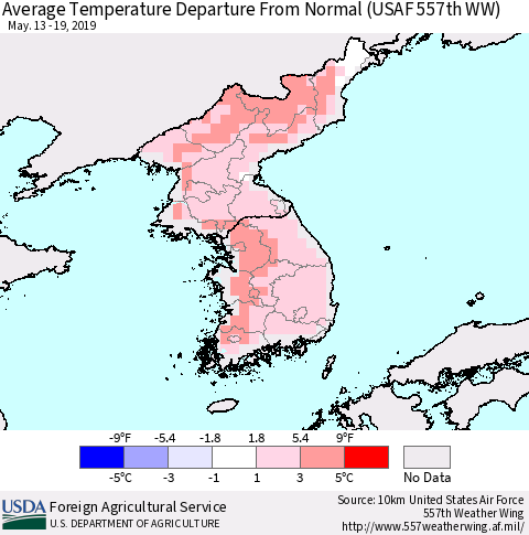 Korea Average Temperature Departure From Normal (USAF 557th WW) Thematic Map For 5/13/2019 - 5/19/2019