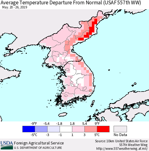 Korea Average Temperature Departure from Normal (USAF 557th WW) Thematic Map For 5/20/2019 - 5/26/2019