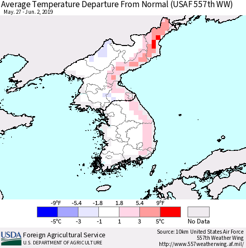Korea Average Temperature Departure From Normal (USAF 557th WW) Thematic Map For 5/27/2019 - 6/2/2019