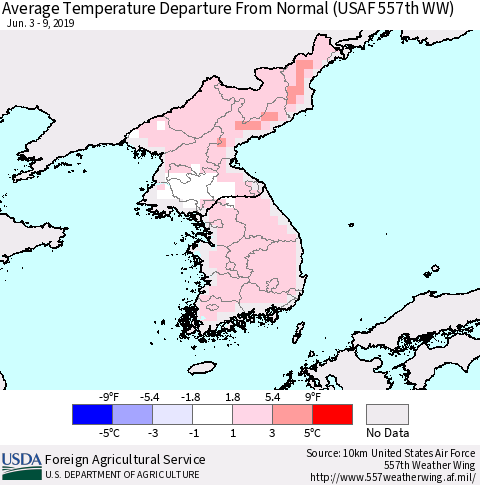 Korea Average Temperature Departure From Normal (USAF 557th WW) Thematic Map For 6/3/2019 - 6/9/2019