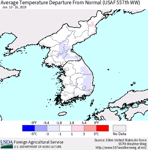 Korea Average Temperature Departure From Normal (USAF 557th WW) Thematic Map For 6/10/2019 - 6/16/2019