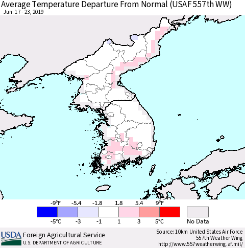 Korea Average Temperature Departure From Normal (USAF 557th WW) Thematic Map For 6/17/2019 - 6/23/2019