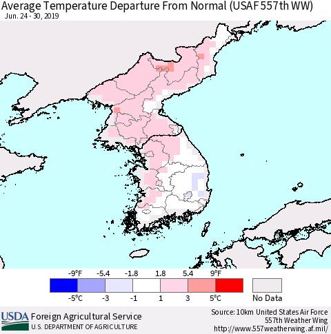 Korea Average Temperature Departure From Normal (USAF 557th WW) Thematic Map For 6/24/2019 - 6/30/2019